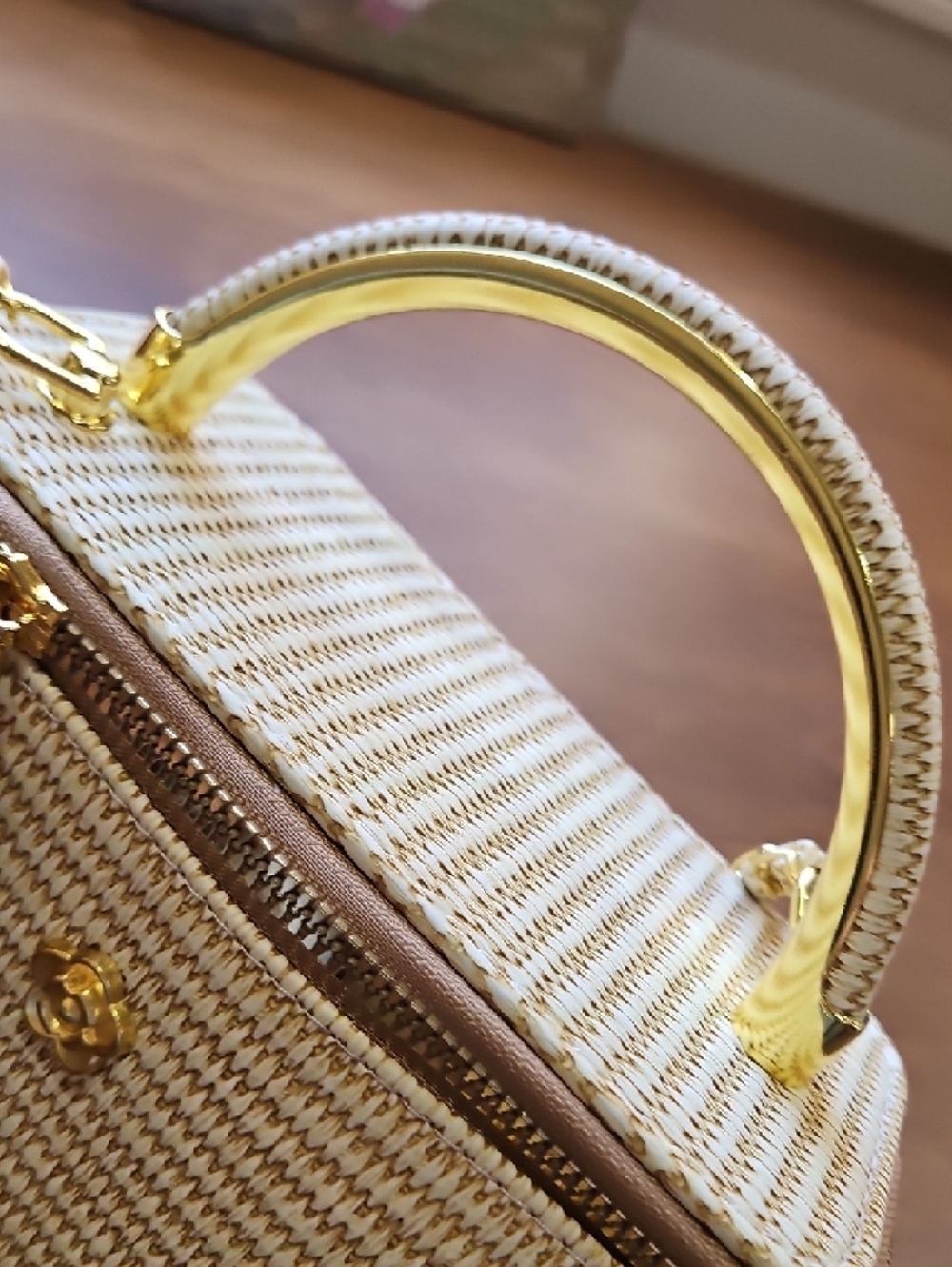Woven Straw Top-Handle Shoulder Bag in Cream and Tan - Picture 7 of 17